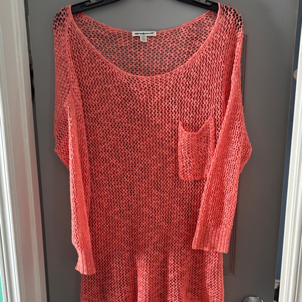 American Eagle Outfitters Coral Open-Knit Pocket Sweater